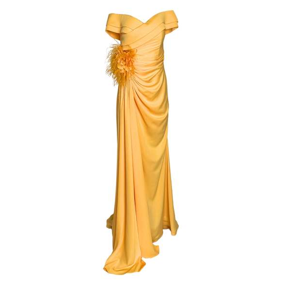 Cult Moda - Off Shoulder Boat Neck Yellow Cocktail Prom Dress - FR 42